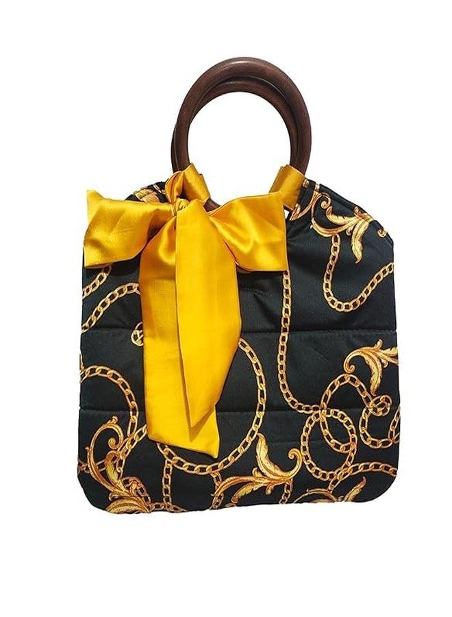 athizay handbags wooden handles Potli Bags with Handcrafted Bow Detail hand carry artistic wristlets bags for women (Black, Gold) - Image 1